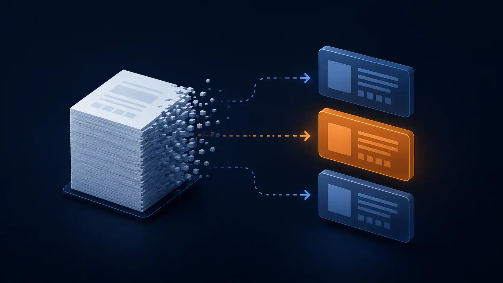 Concept illustration: a monolithic manual splitting into three modular panels, one highlighted in orange